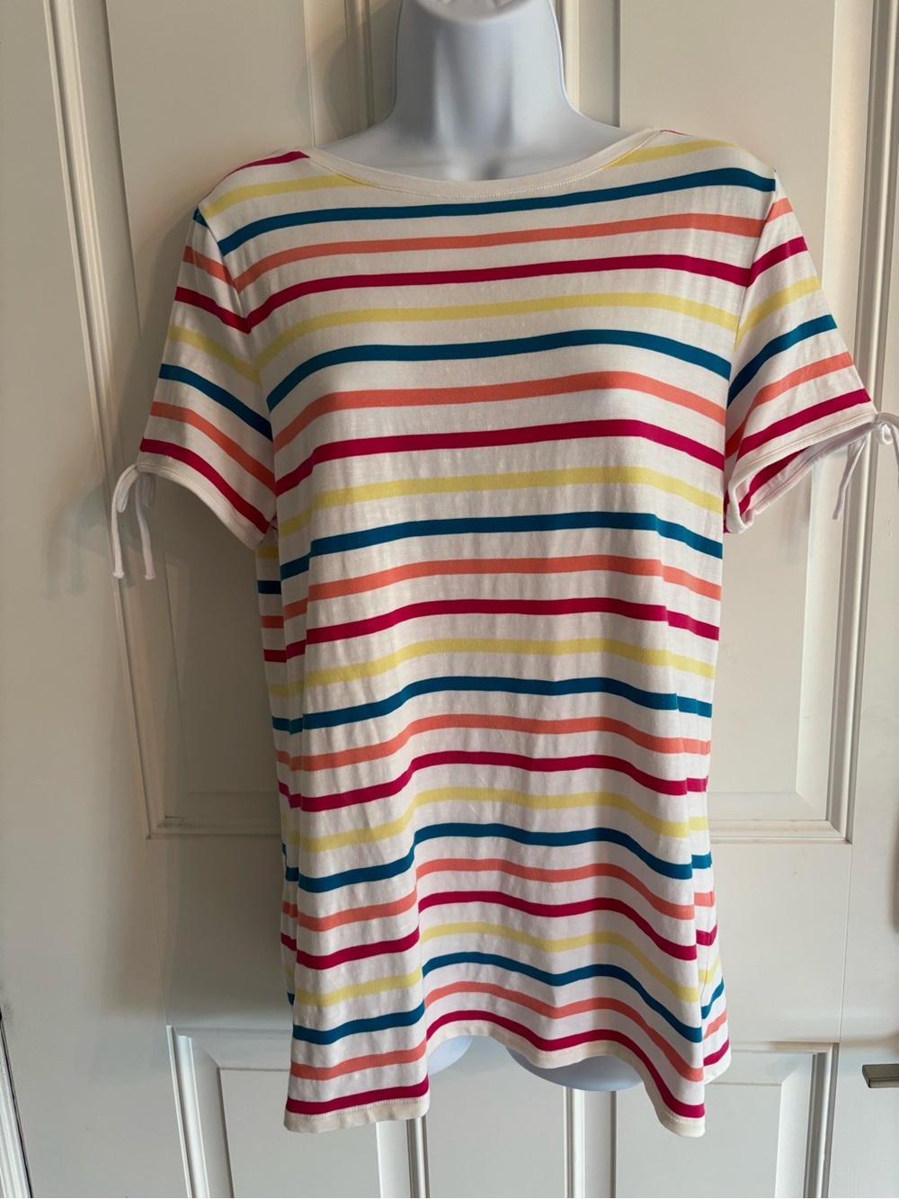 Talbots White Short Sleeve Tee with Pink, Blue, Yellow & Coral Stripes